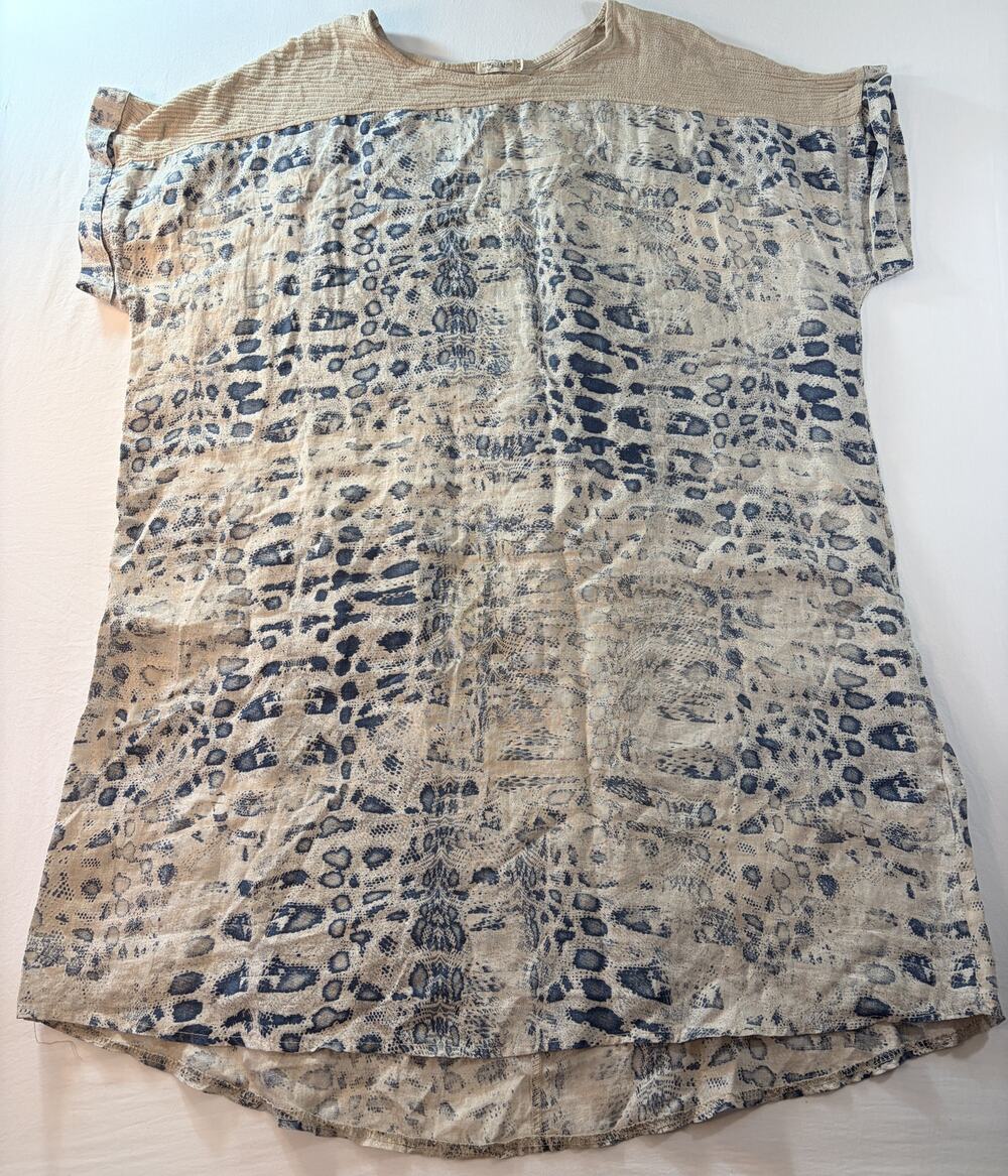 Lungo L'Arno 3X 100% Linen Snake Print Tunic Italy Blue Beige Short Sleeve